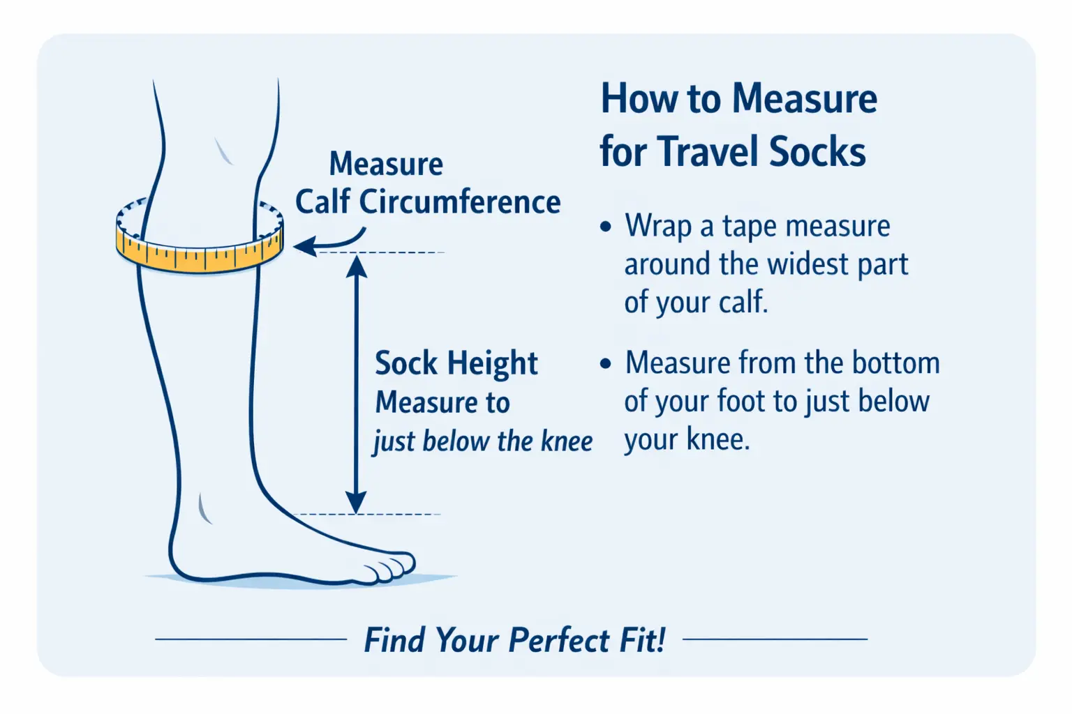 How to measure your calf for travel socks - measuring tape around the widest part of the calf showing where compression socks should sit on the leg
